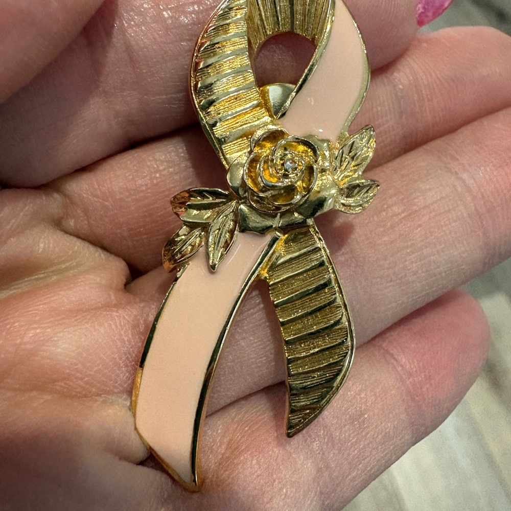 Gold and Pink Ribbon Brooch